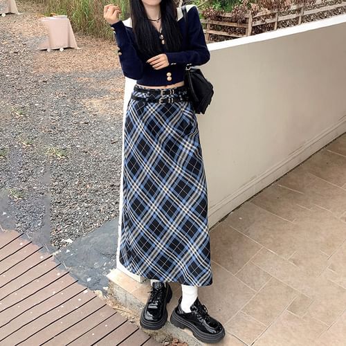 High waisted plaid shop a line skirt