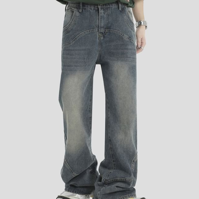 INStudio-Mid Rise Washed Panel Straight Leg Jeans