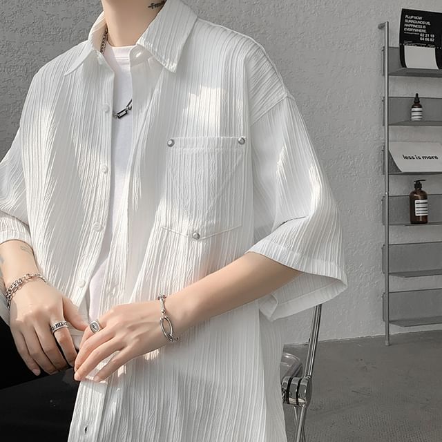 WidoWilder-34-Sleeve Plain Studded Textured Button-Up Shirt