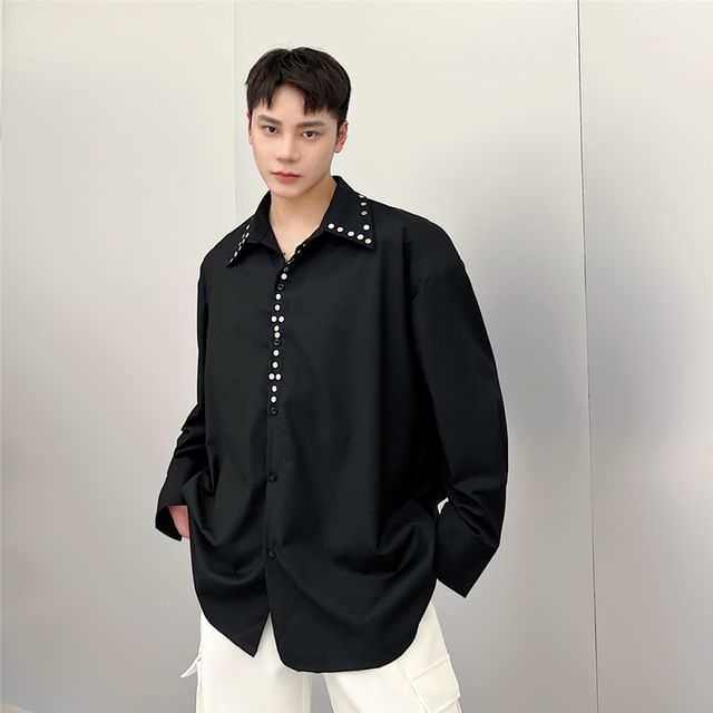 Patow-Long-Sleeve Studded Button-Up Plain Shirt