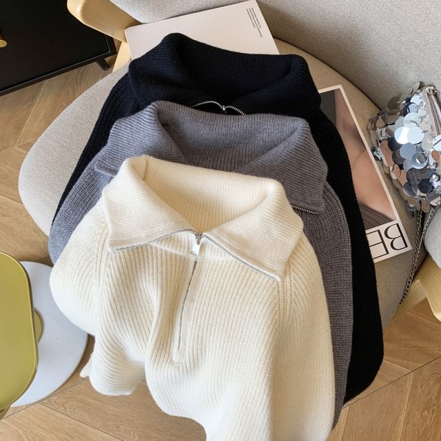 Dragan Pulse-Stand Collar Plain Half-Zip Crop Sweater