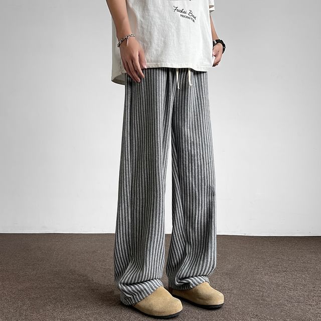 Plummie-Drawstring Waist Striped Straight Leg Pants