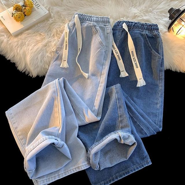 Acrius-High Waist Washed Wide Leg Jeans