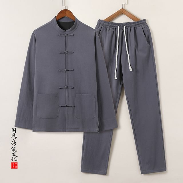 Ninine-Set Long-Sleeve Mandarin Collar Plain Frog Button Shirt Drawstring Waist Tapered Pants