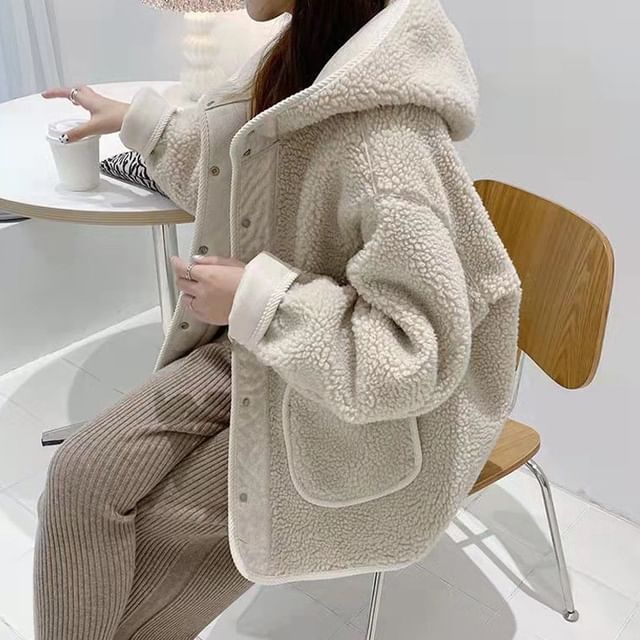 CRIBI-Plain Hooded Button-Up Fleece Jacket