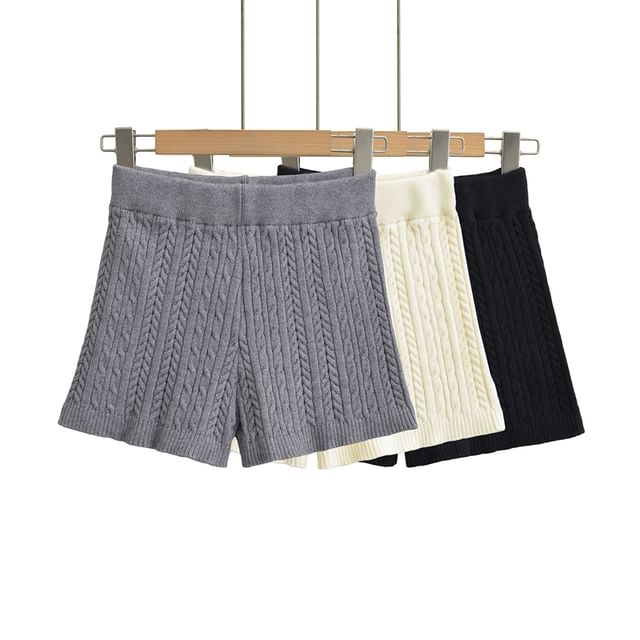Ulark-High Waist Plain Cable Knit Shorts