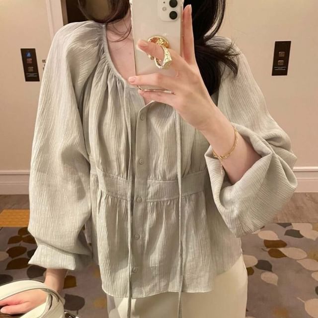 ISSOL-Long-Sleeve Crew Neck Tie Front Button-Up Plain Blouse