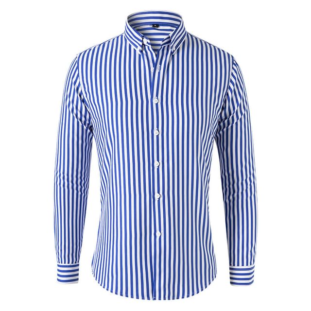 YIKES-Long-Sleeve Collared Striped Shirt