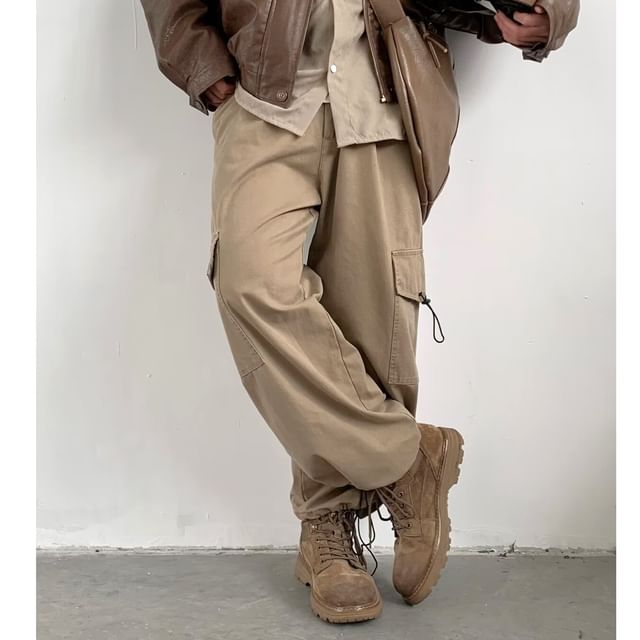 Urtishia-Mid Rise Plain Loose Fit Cargo Pants
