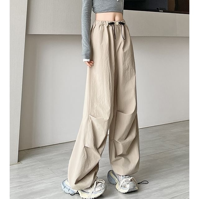 evanesce-Drawstring Waist Plain Baggy Pants
