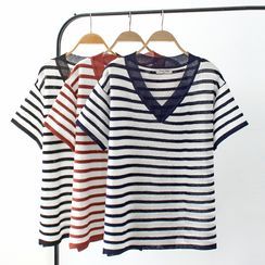 Nycto - Elbow-Sleeve V-Neck Striped T-Shirt