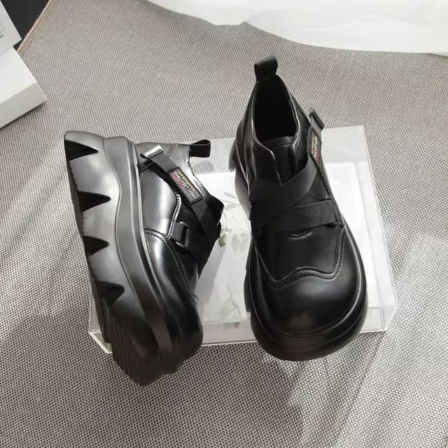 STEPUP-Platform Adhesive Strap Plain Faux Leather Shoes