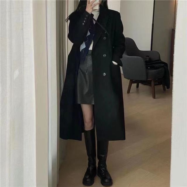Sienne-Peak Lapel Plain Midi Double Breasted Coat