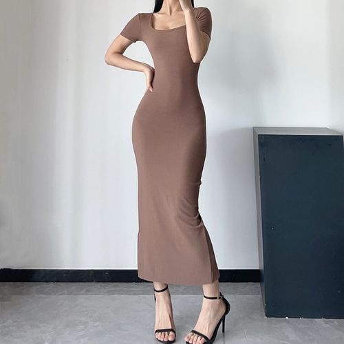 Hollahop - Short-Sleeve Square Neck Plain Maxi Bodycon Dress | YesStyle Hollahop - Short-Sleeve Square Neck Plain Maxi Bodycon Dress | YesStyle