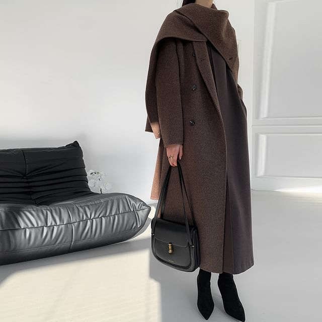 Heiti-Scarf Neck Plain Midi Button Tie Front Coat