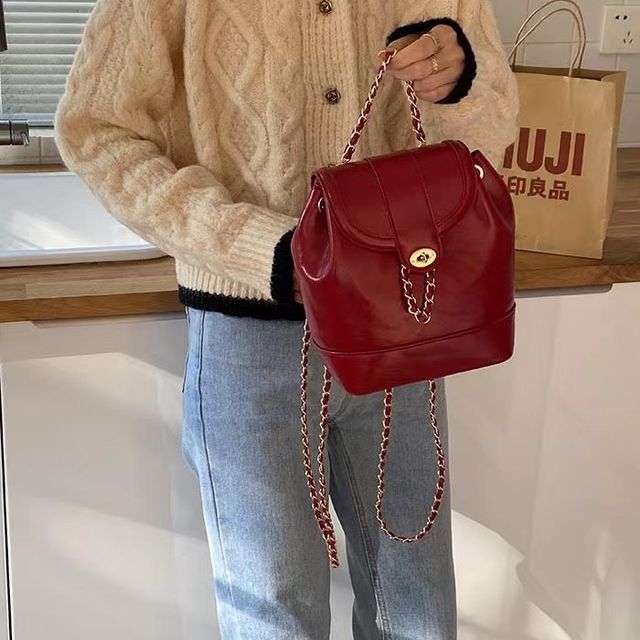 Basaran-Chain Strap Faux Leather Flap Backpack