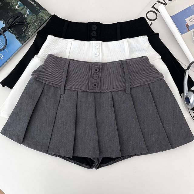 DIYI-High Waist Plain Pleated Panel Mini A-Line Skort