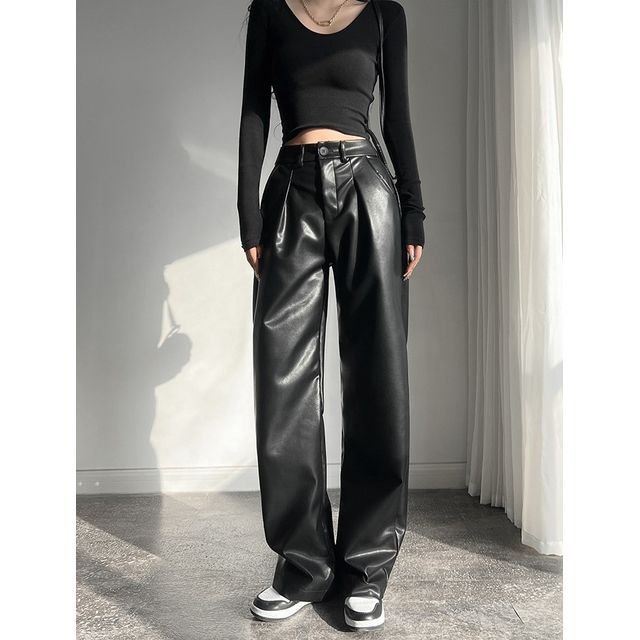 Girls Supply Faux-Leather High-Waist Straight-Cut Loose Pants