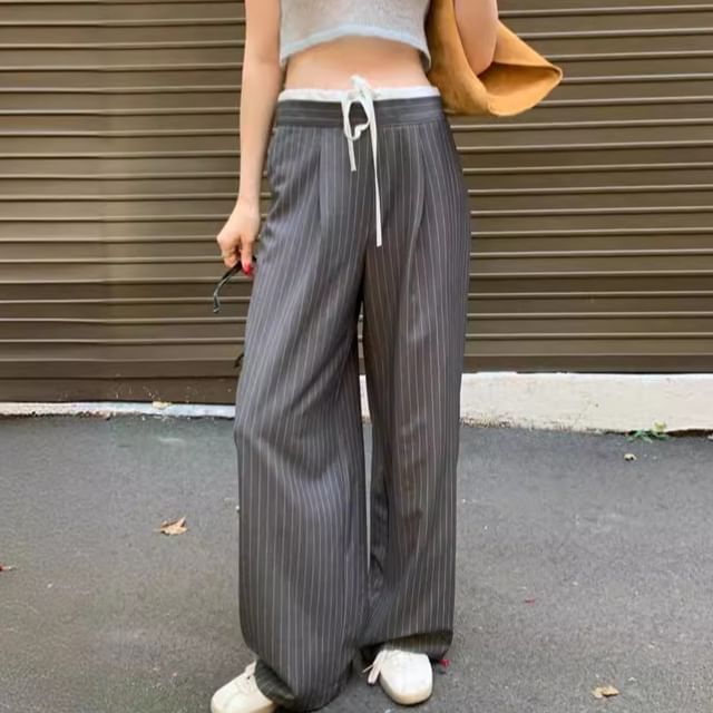 MIKIGA-Drawstring Waist Striped Wide Leg Pants