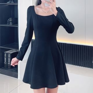Woohan-Long Sleeve Square Neck Plain Mini A-Line Dress