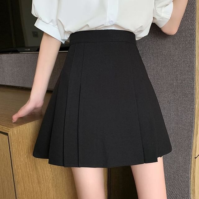 Sisyphi-High Waist Plain Pleated Mini A-Line Skirt