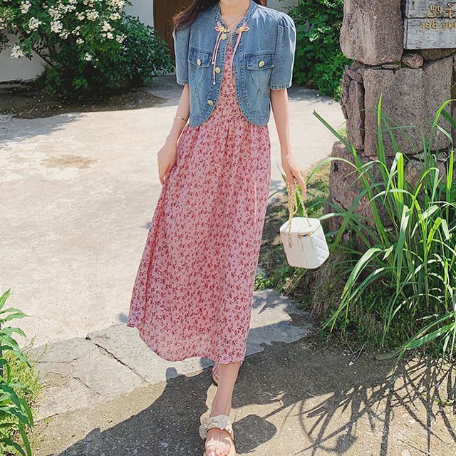 Jean Jacket Floral Sundress With Sleeves Floral Outfits With Jean