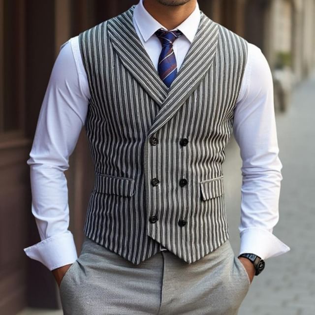Lefitt-Shawl Collar Striped Double-Breasted Vest