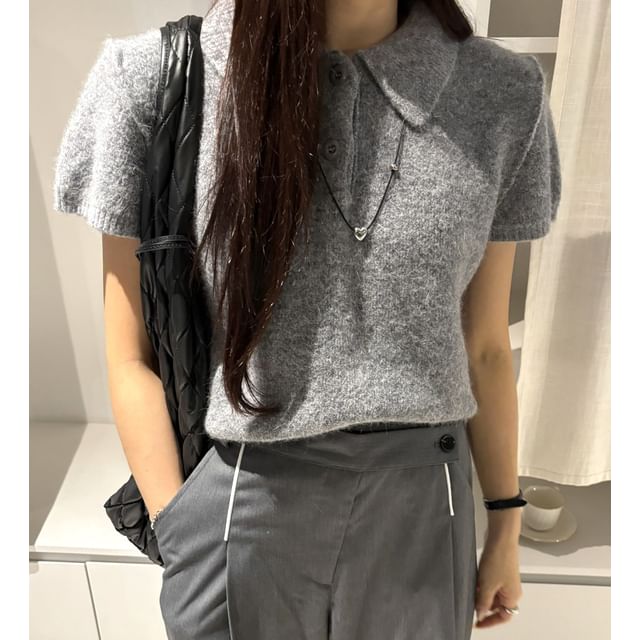 ISSOL-Short-Sleeve Collar Plain Knit Top