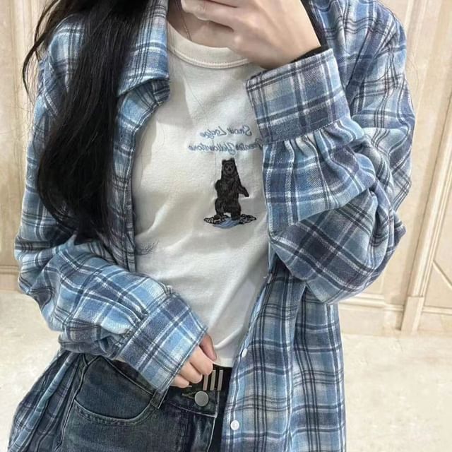 Everose-Long-Sleeve Collared Plaid Shirt