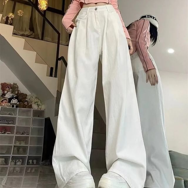 ISSOL-Low Waist Plain Wide Leg Jeans