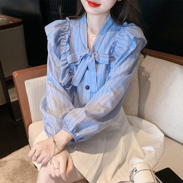 Lewwe-Long-Sleeve Tie-Neck Striped Ruffled Button-Up Blouse
