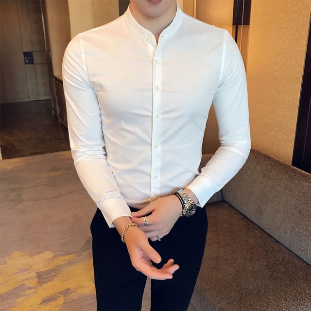 FORSETI-Long-Sleeve Stand Collar Plain Button-Up Shirt