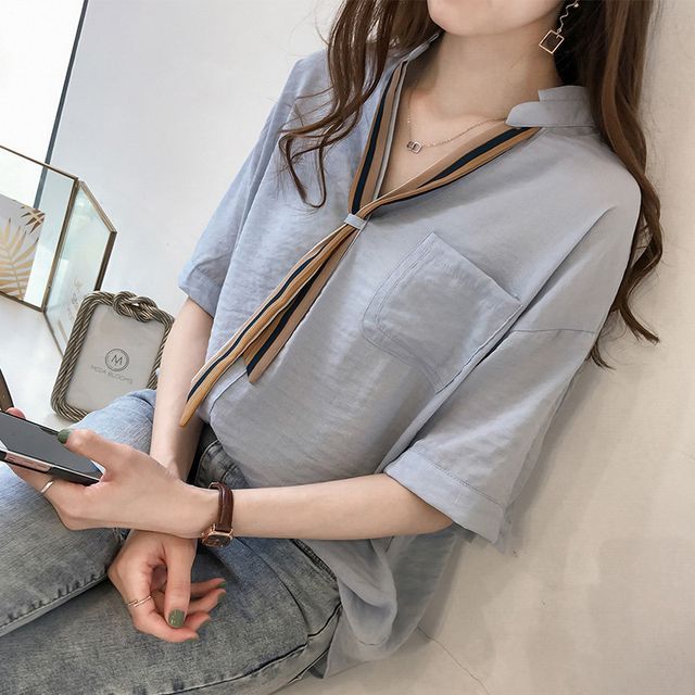 Cossita-Elbow-Sleeve Tie-Neck Blouse