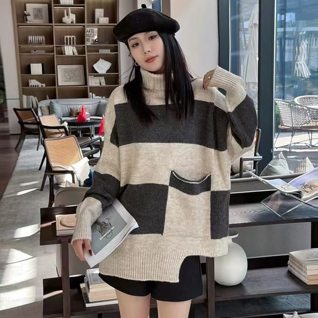 Odestra-Turtleneck Two Tone Asymmetrical Sweater