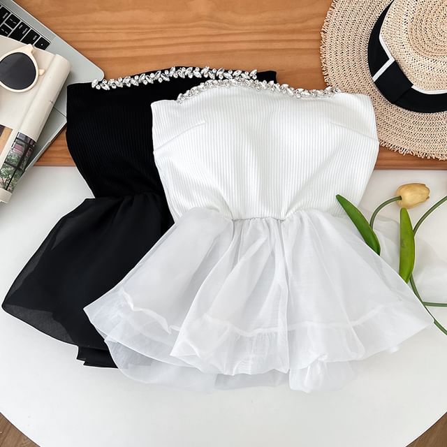 DIYI-Plain Rhinestone Peplum Panel Mesh Tube Top