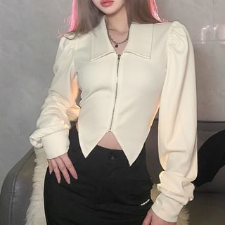Moon City-Long-Sleeve Collared Zip-Up Plain Crop Top