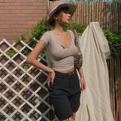Colada - Distressed Deep V-Neck Crop T-Shirt Colada - Distressed Deep V-Neck Crop T-Shirt