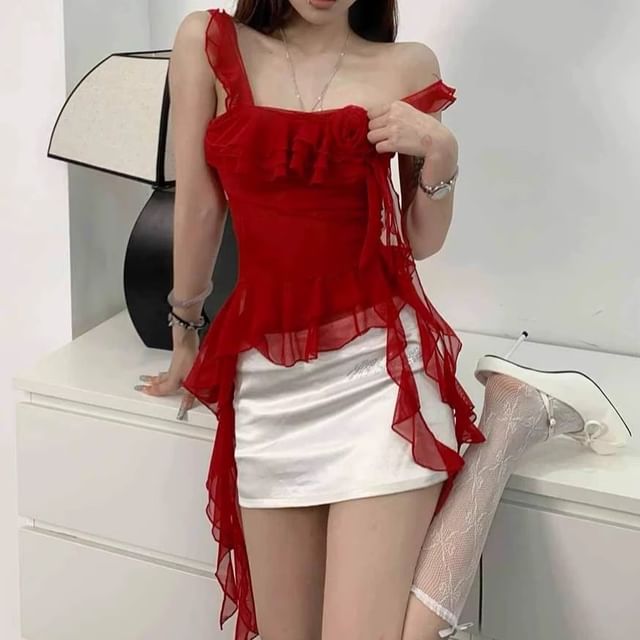Essere-Plain Ruffle Asymmetrical Cami Top