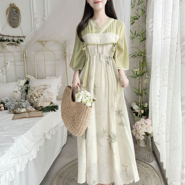 flared sleeve dress maxi A-Line Flared Sleeves Flower Print Pleated V-Neck Maxi Dresses – Uoozee  official