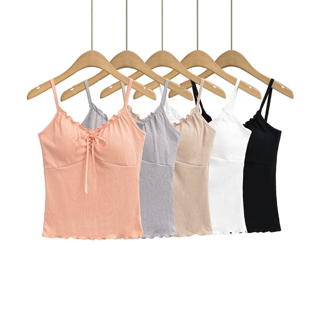 Asiris-Plain Drawstring Lettuce Edge Cami Top