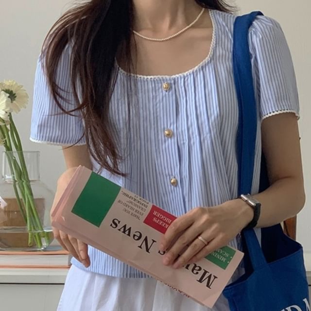 Bigfol-Short-Sleeve Striped Lace Trim Blouse