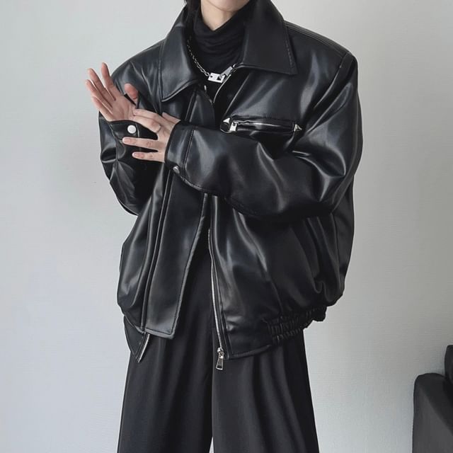WidoWilder-Faux Leather Collared Zip-Up Jacket