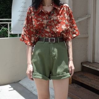 JVL Elbow-Sleeve Floral Print Button-Up Shirt