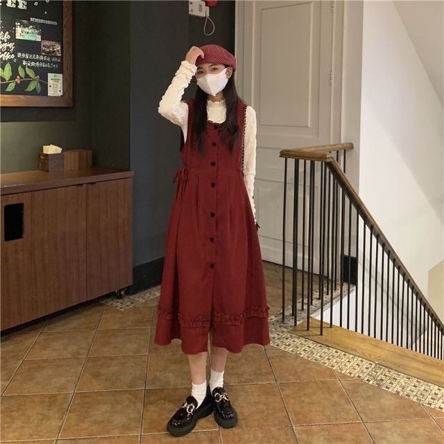 ANORA - Plain Frill Trim Button-Up Corduroy Midi A-Line Pinafore Dress /  Long-Sleeve Mock Neck Lace Blouse | YesStyle