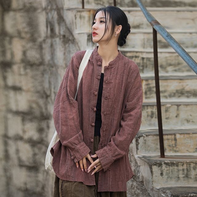 Lewwe-Stand Collar Tie Dye Frog Buttoned Ramie Shirt