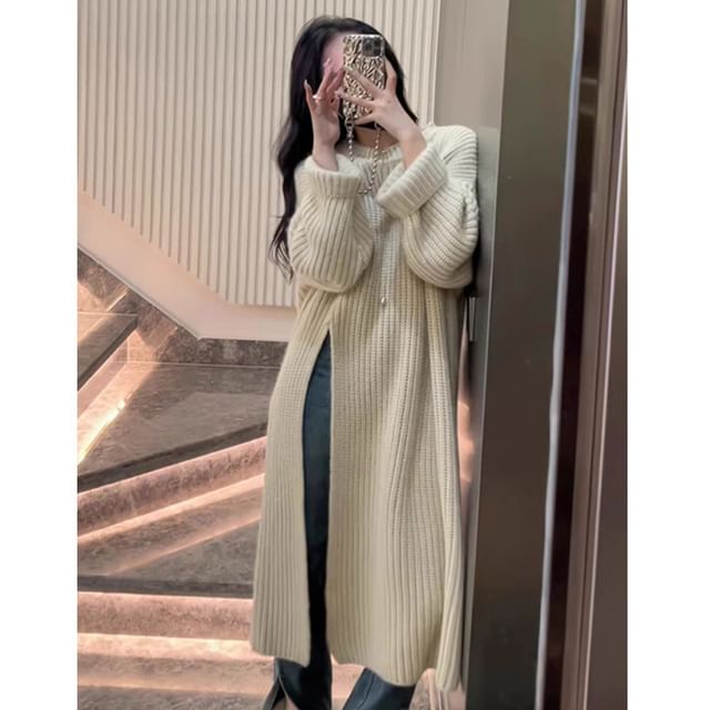 INEN-Crew Neck Plain Slit Rib Knit Long Sweater