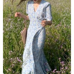 KiTi - Short-Sleeve V-Neck Floral Midi Dress