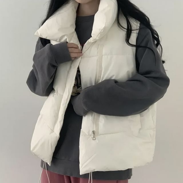 darkroesin-Stand Collar Plain Zip-Up Puffer Vest