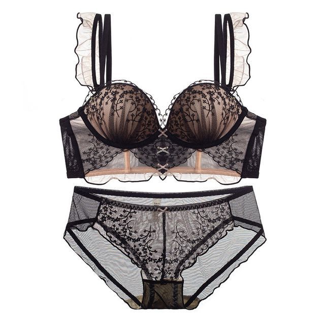 Apearin - Floral Embroidered Mesh Bra / Panty / Set