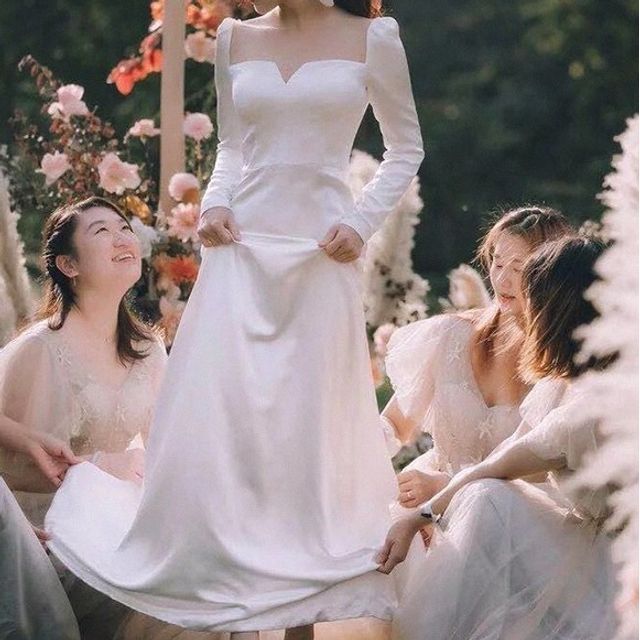 square neck a line wedding dress with sleeves Square Neck A-Line Wedding Dress Long Sleeves with Split Front-Bridelily